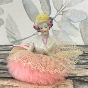 #04 Antique German Porcelain Figural Lady Half Doll Lace Rose Vanity Powder Puff